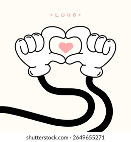 Gloved hands forming a heart gesture with a pink heart, symbolizing love and affection, perfect for Valentine s Day designs, romantic greeting cards, social media,t shirt prints.Vector illustration