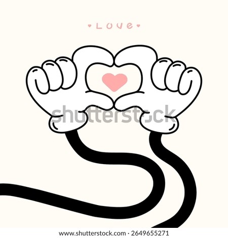 Gloved hands forming a heart gesture with a pink heart, symbolizing love and affection, perfect for Valentine s Day designs, romantic greeting cards, social media,t shirt prints.Vector illustration