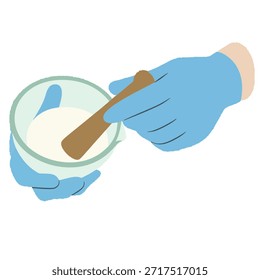 Mãos enluvadas moendo pó branco usando argamassa e pilão para a composição de medicamentos