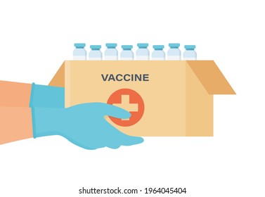 Gloved hands hold a box of coronavirus vaccine. Delivery of the vaccine to the hospital. Anti virus campaign. Isolated vector illustration on flat style in white background.