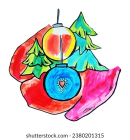 Gloved hands hold the Christmas decor. Bright color, marker design.
