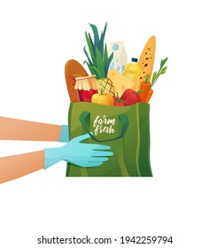 Gloved hands hold a cotton shopping bag of groceries. Eco package with food from shop. Contactless safe delivery service concept. Cartoon vector illustration.