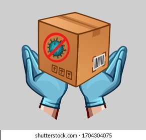 Gloved hands holding box with sign not infected. Vector illustration