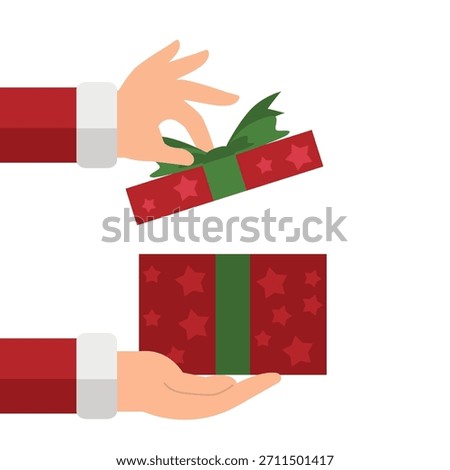 Santa’s gloved hands holding a festive Christmas gift box, symbolizing giving, holiday cheer, and celebration. Perfect for seasonal designs, promotions, ads, and winter themes.