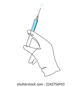 Gloved hands holding syringe, one line art, continuous drawing contour.Coronavirus vaccination, health care injection, treatment,beauty shot.Medical concept,injection dose.Editable stroke. Vector