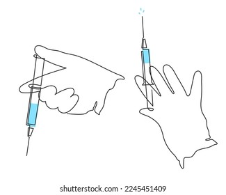 Gloved hands holding syringe, one line art, continuous drawing contour.Coronavirus vaccination, health care injection, treatment,beauty shot.Medical concept,injection dose.Editable stroke. Vector