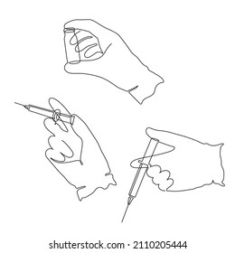 Manos engullidas con jeringa y tubo de ensayo, arte de una línea, contorno continuo de dibujo.Vacunación contra el coronavirus, inyección de atención médica, análisis de laboratorio, solución de sustancias.Concepto médico.Accidente cerebral editable