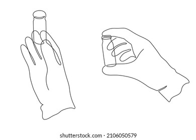 Gloved hands holding test tube,one line art,continuous drawing contour.Laboratory analysis,substance solution,chemical reaction,health care.Medical concept, drug dose.Editable stroke.Isolated.Vector