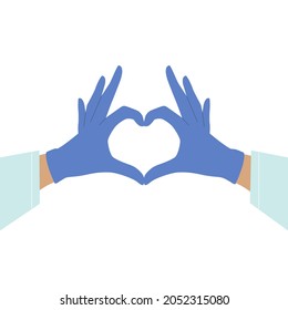 Gloved Hands Making Heart Sign Isolated On White Background. Take Care Of Yourself. Rubber Gloves. Virus Protection.