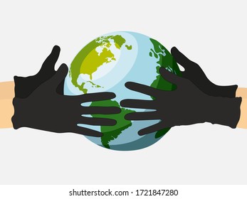 Gloved hands with planet Earth, people holding the globe, flat vector sticker, poster. The focus of safe worldwide delivery for pandemics and coronavirus