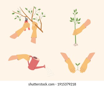 Gloved hands prune the branches of trees, plant seedlings, water from a watering can. A set of gardening activities. Cartoon vector illustration.