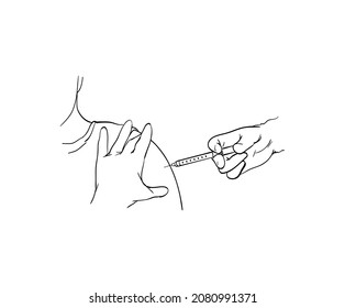 Gloved hands with a syringe injected into the shoulder. Vaccination process. Strengthen immune system, protect health, the body from viruses and infectious diseases. Linear vector illustration