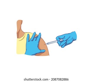 Gloved hands with a syringe injected into the shoulder. Vaccination process. Strengthen immune system, protect health, the body from viruses and infectious diseases. Colored  vector illustration