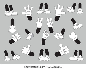 Gloved hands with various gestures, various comic hands in white gloves vector illustration set.