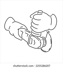 The gloved hands of a workman hold a grinder to cut a metal sheet or saw a pipe