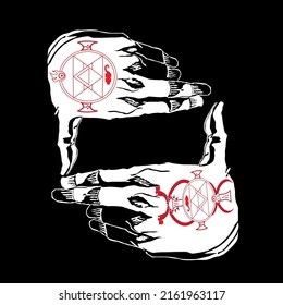 gloves with alchemical symbols and circles on a black background, art, symbol, tattoo, coat of arms