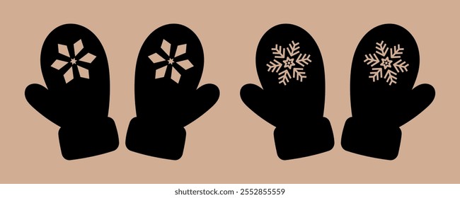 Gloves. Black silhouette. Winter mittens with snowflakes. Mittens icon. Decorative element for Christmas design.