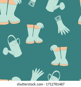 Gloves and boots vector pattern- watering can illustration repeating seamless background- kids illustration gardening theme print