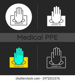 Gloves in box dark theme icons set. Rubber protection for hands. Latex gloves. Quarantine safety. Disposable PPE. Linear white, solid glyph and RGB color styles. Isolated vector illustrations