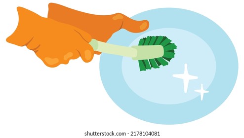 Gloves with brush cleans the plate. Hand drawn vector illustration. Suitable for website, stickers, postcards.