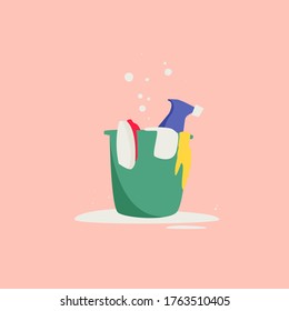 Gloves, brush and detergent in a bucket poster design in flat cartoon style. Cleaning icon.