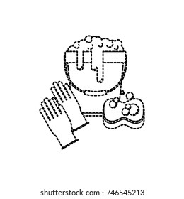 gloves and bucket with water and soap detergent and sponge in monochrome dotted silhouette vector illustration