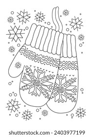 Gloves with a Christmas pattern. Snowflakes. Black and white vector illustration. Coloring book.