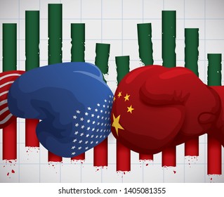 Gloves clashing and eroded statistics bars depicting the side effects of Trade War: China VS U.S.A. over squared background.