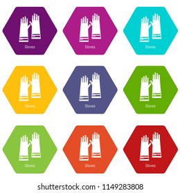 Gloves cleaning icons 9 set coloful isolated on white for web