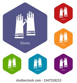 Gloves cleaning icons vector colorful hexahedron set collection isolated on white