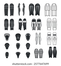 Gloves Clip Art Vector Isolated Collection, Cricket Gloves Silhouette Icon Set, Professional Cricket Gloves Equipment Set.