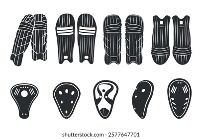 Gloves Clip Art Vector Isolated Collection, Cricket Gloves Silhouette Icon Set, Professional Cricket Gloves Equipment Set.