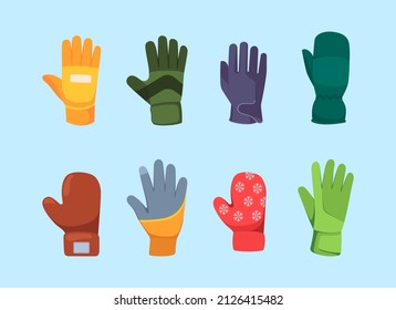 Gloves collection. Cold winter seasonal clothes for hands knitted and leather fashioned gloves garish vector illustrations in cartoon style