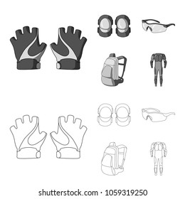 Gloves, elbow pads, goggles, cyclist backpack.Cyclist outfit set collection icons in outline,monochrome style vector symbol stock illustration web.