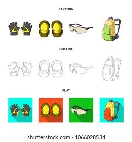 Gloves, elbow pads, goggles, cyclist backpack.Cyclist outfit set collection icons in cartoon,outline,flat style vector symbol stock illustration web.
