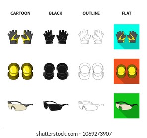 Gloves, elbow pads, goggles, cyclist backpack.Cyclist outfit set collection icons in cartoon,black,outline,flat style vector symbol stock illustration web.
