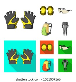 Gloves, elbow pads, goggles, cyclist backpack.Cyclist outfit set collection icons in cartoon,flat style vector symbol stock illustration web.