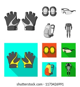 Gloves, elbow pads, goggles, cyclist backpack.Cyclist outfit set collection icons in monochrome,flat style vector symbol stock illustration web.