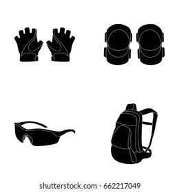 Gloves, elbow pads, goggles, cyclist backpack.Cyclist outfit set collection icons in black style vector symbol stock illustration web.
