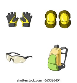 Gloves, elbow pads, goggles, cyclist backpack.Cyclist outfit set collection icons in cartoon style vector symbol stock illustration web.