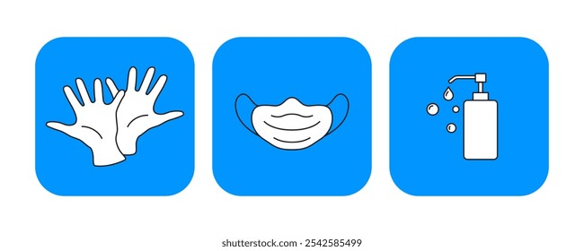 Guantes, máscara facial e iconos de desinfectante de manos sobre fondo azul para la ilustración de higiene y seguridad.