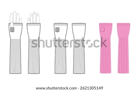 Gloves Fingerless Knit Wool Three-Quarter length purple cartoon and flat CAD mockup Fashion hand accessory clothing technical illustration garment. Vector front palm back view for Men, women style