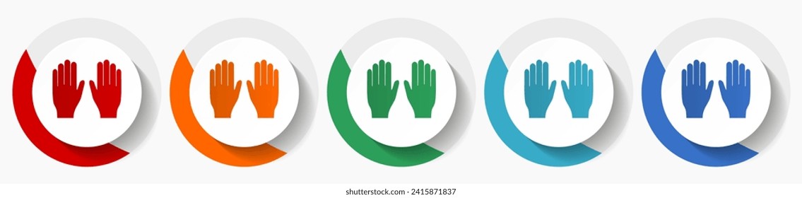 Guantes, conjunto de iconos vectoriales de protección de manos, iconos planos para el diseño de logotipos, diseño web y aplicaciones móviles, botones redondos coloridos