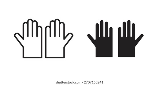 Icono de guantes en un diseño de Vector de trazo negro y versión sólida plana sobre fondo blanco