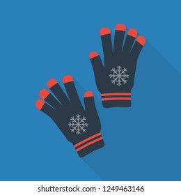 gloves icon in flat style with long shadow, isolated vector illustration on blue transparent background. Winter gloves icon vector