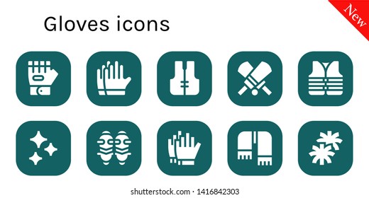 gloves icon set. 10 filled gloves icons.  Collection Of - Glove, Gloves, Lifejacket, Cricket, Clean, Shin guards, Football Scarf, Pom pom