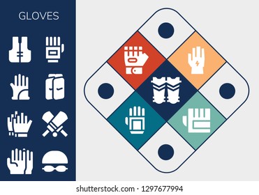  gloves icon set. 13 filled gloves icons. Simple modern icons about  - Shin guards, Gloves, Goggles, Football Cricket, Lifejacket, Glove