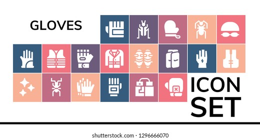  gloves icon set. 19 filled gloves icons. Simple modern icons about  - Gloves, Clean, Cricket, Football Boxing Lifejacket, Glove, Coat, Shin guards, Goggles