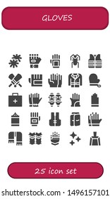 gloves icon set. 25 filled gloves icons.  Collection Of - Pom pom, Glove, Cricket, Lifejacket, Gloves, Coat, Emergency kit, Shin guards, Punching ball, Scarf, Gauntlet, Clean