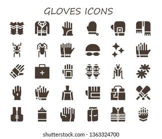gloves icon set. 30 filled gloves icons.  Simple modern icons about  - Shin guards, Coat, Gloves, Boxing Scarf, Cricket, Goggles, Clean, Emergency kit, Glove, Pom pom